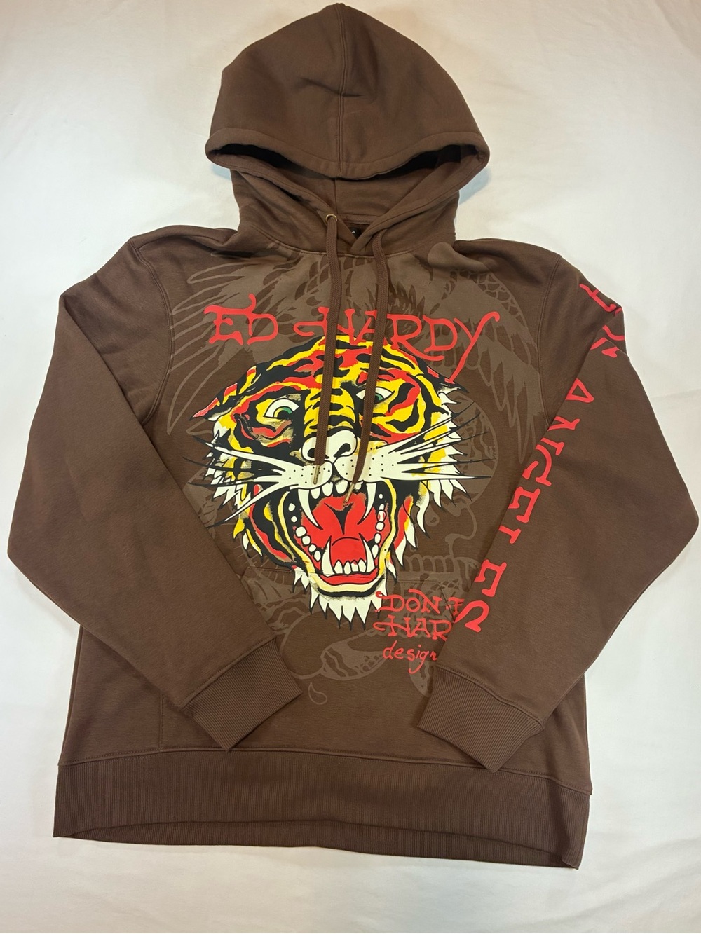 Ed Hardy Brown Hoodie with Multicolor Tiger Graphic